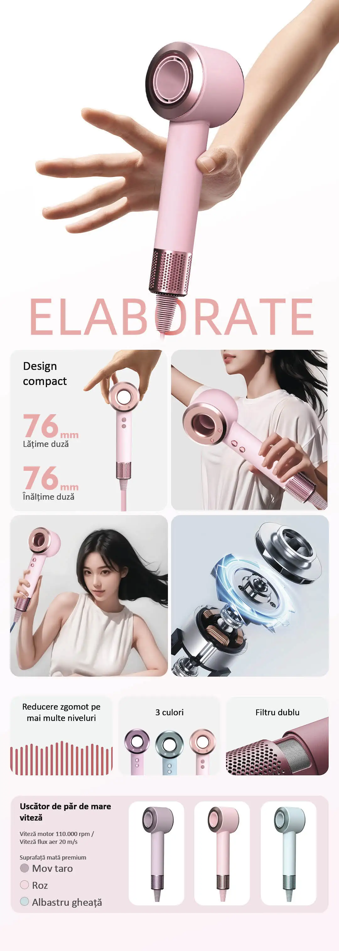 Uscătorul de păr Daiwall G5 are un design compact, reducere a zgomotului pe mai multe niveluri, 3 culori și un filtru dublu.